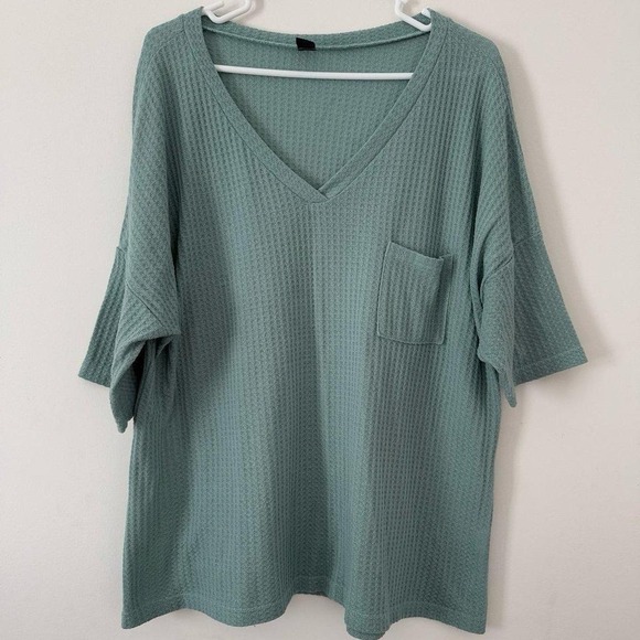 SHEIN Tops - Emery Rose Women's Summer Green Color V-Neck Batwing‎ Sleeve Loose Casual Shirt